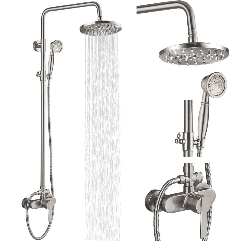 Airuida Exposed Shower System, 8 Inch Rainfall Shower Head with Handheld Spray, Single Handle Wall Mount Shower Faucet Set, Solid Brass Dual Function Exposed Pipe Fixture for Bathroom,Brushed Nickel - Image 1